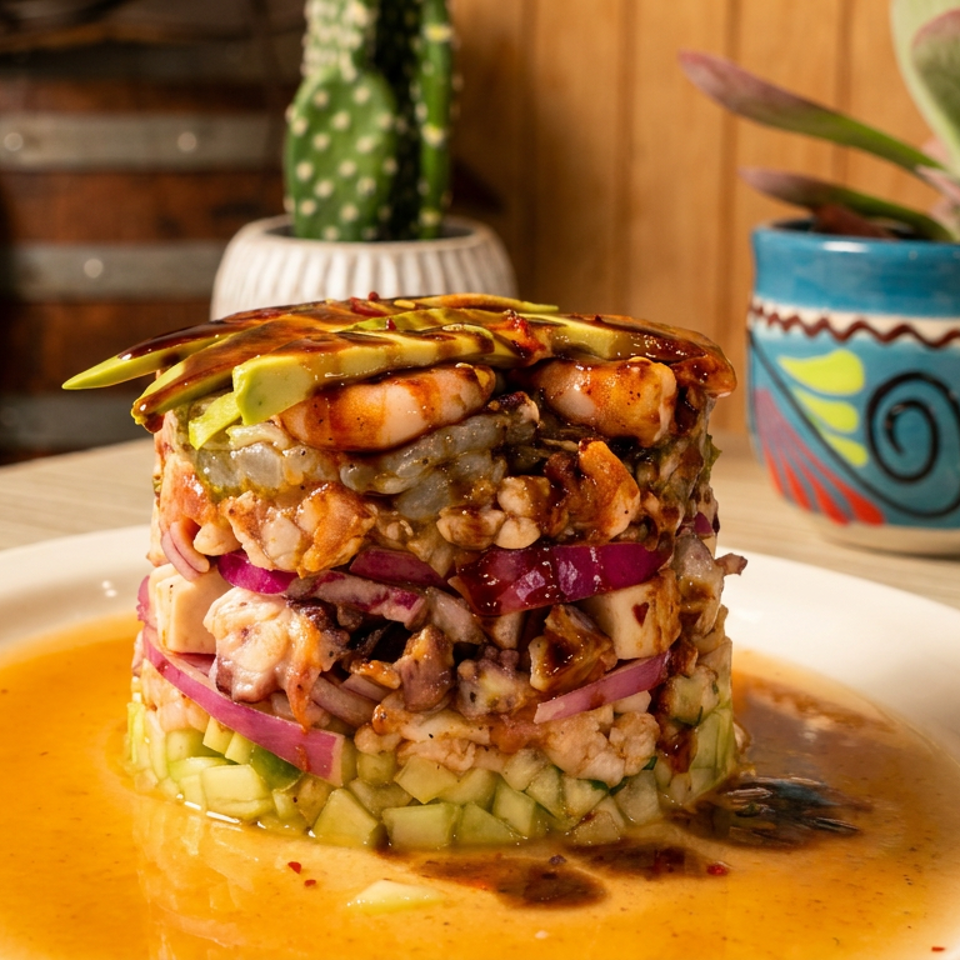 Stacked seafood ceviche with avocado, shrimp, red onion, and cucumber, drizzled with sauce.