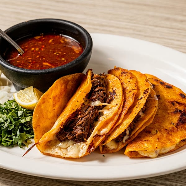 Birria tacos with a side of consommé, chopped onions, cilantro, and lemon wedges on a white plate.