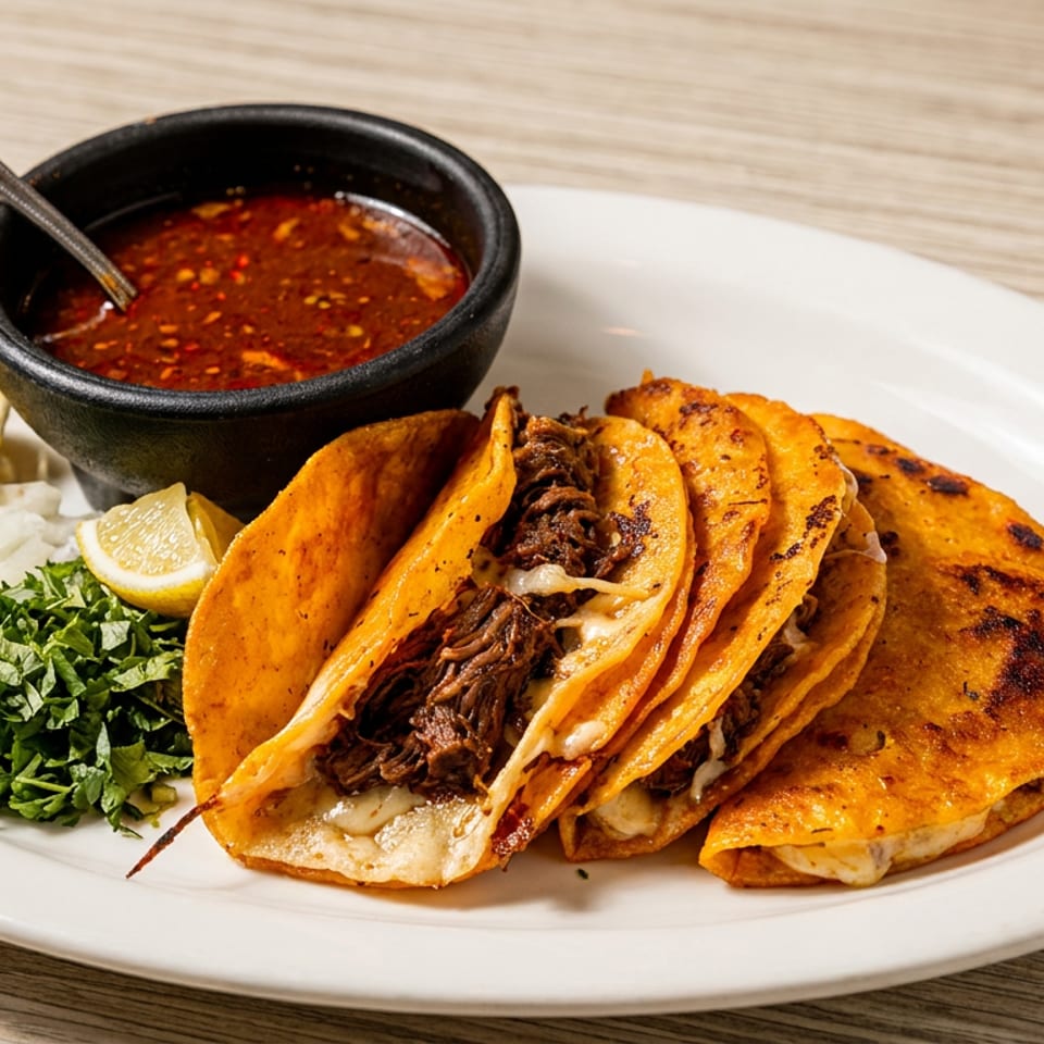 Birria tacos with a side of consommé, chopped onions, cilantro, and lemon wedges on a white plate.