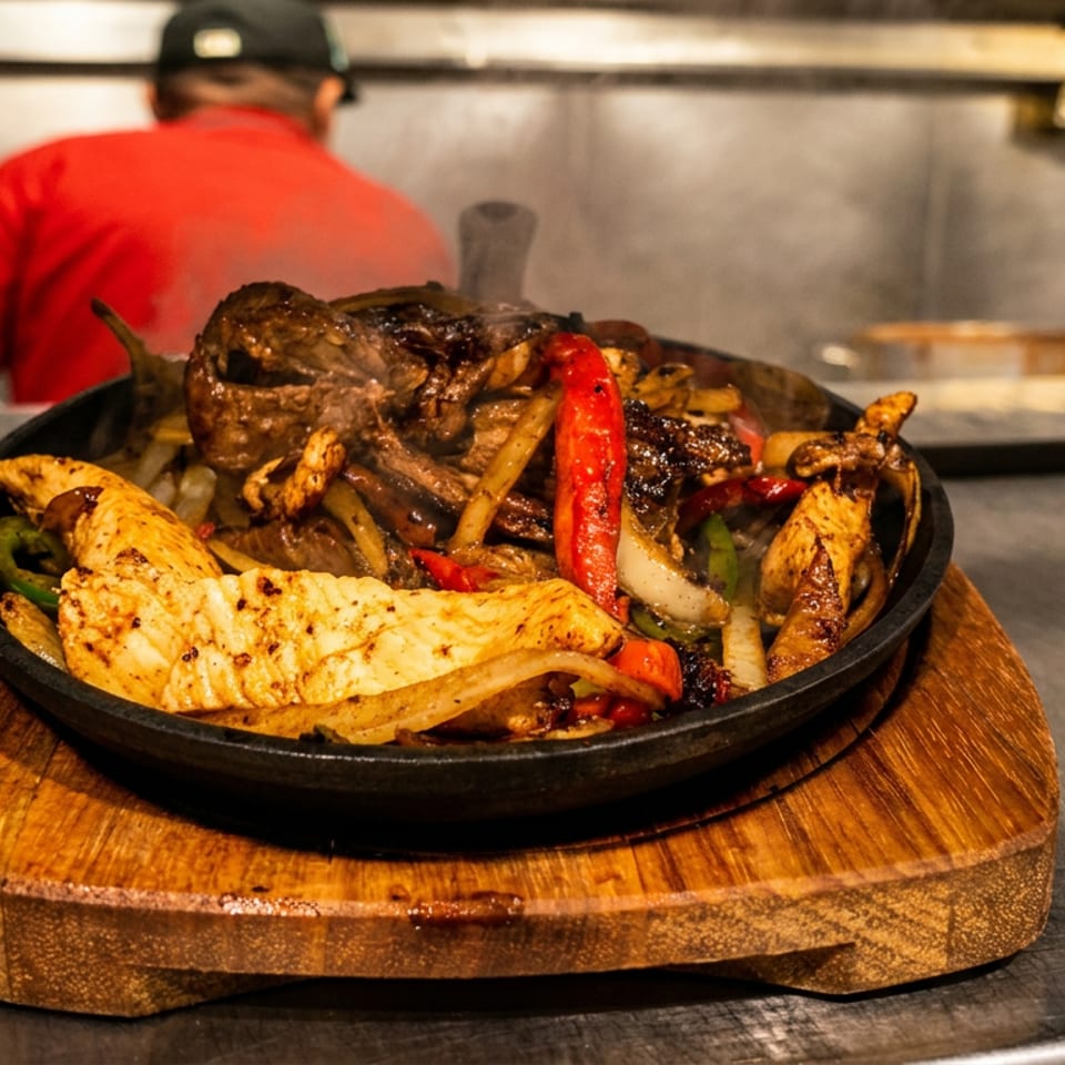 Sizzling fajitas with chicken, steak, peppers, and onions on a wooden board in a restaurant kitchen.