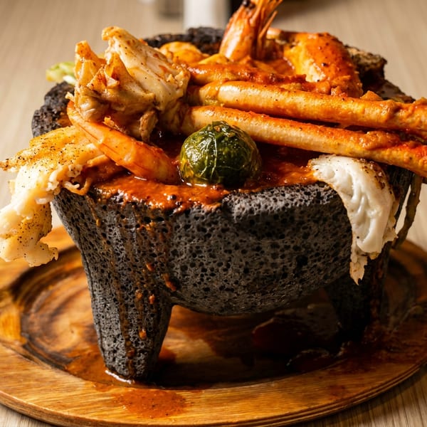 Seafood molcajete with shrimp, crab legs, and fish in a rich red sauce, served on a wooden platter.