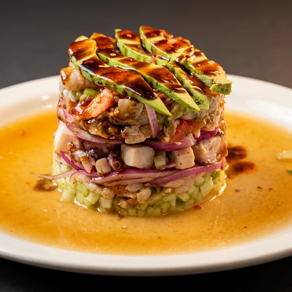 Stacked seafood ceviche with avocado slices and dark sauce on a white plate with liquid.