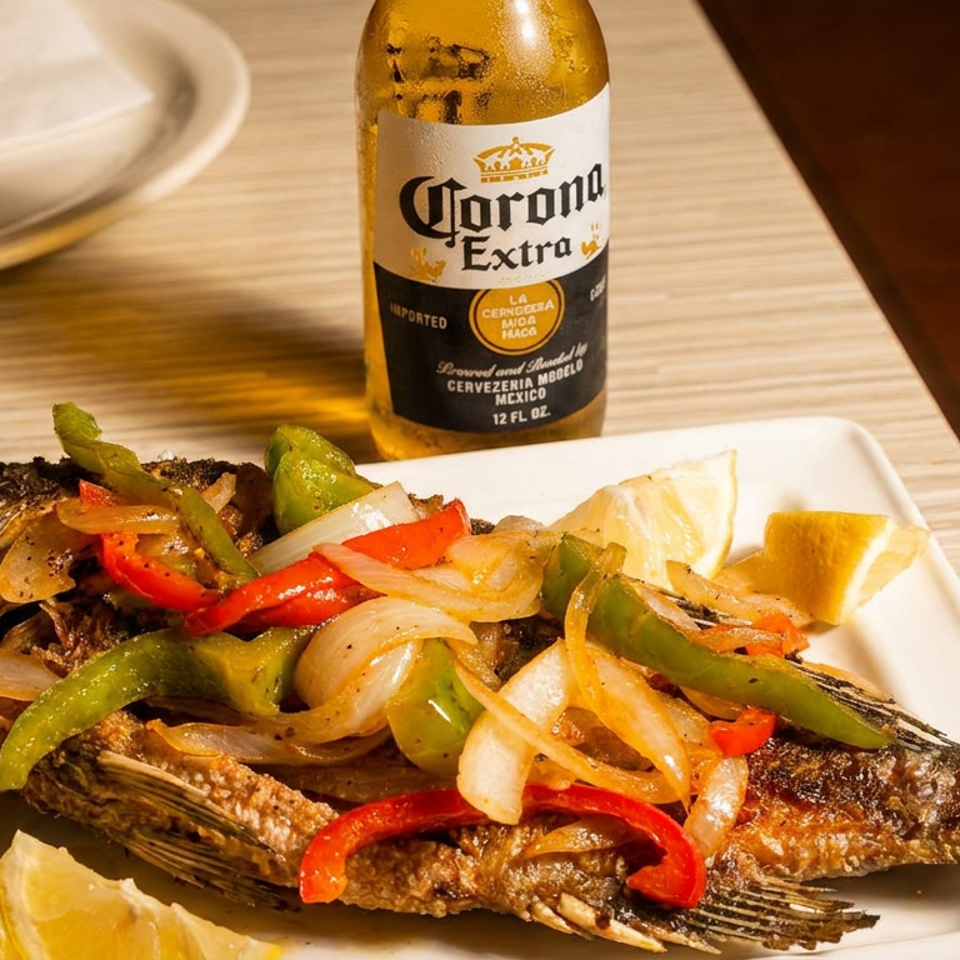 Fried whole fish topped with sautéed onions and bell peppers, with lemon wedges and a Corona beer.